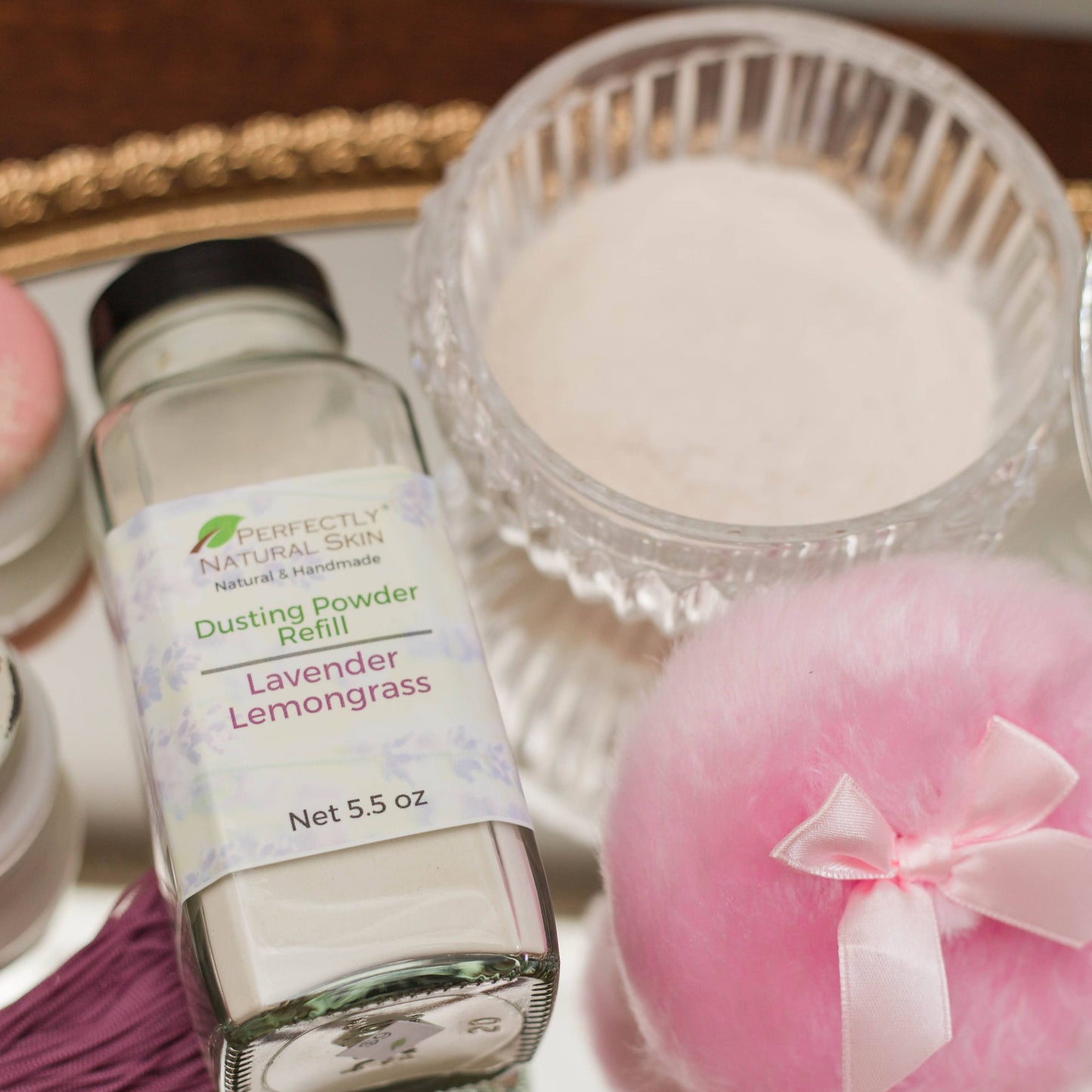 Glass Dusting Powder Jar with Lid and Powder Puff-Body Powder & Spray-Perfectly Natural Soap