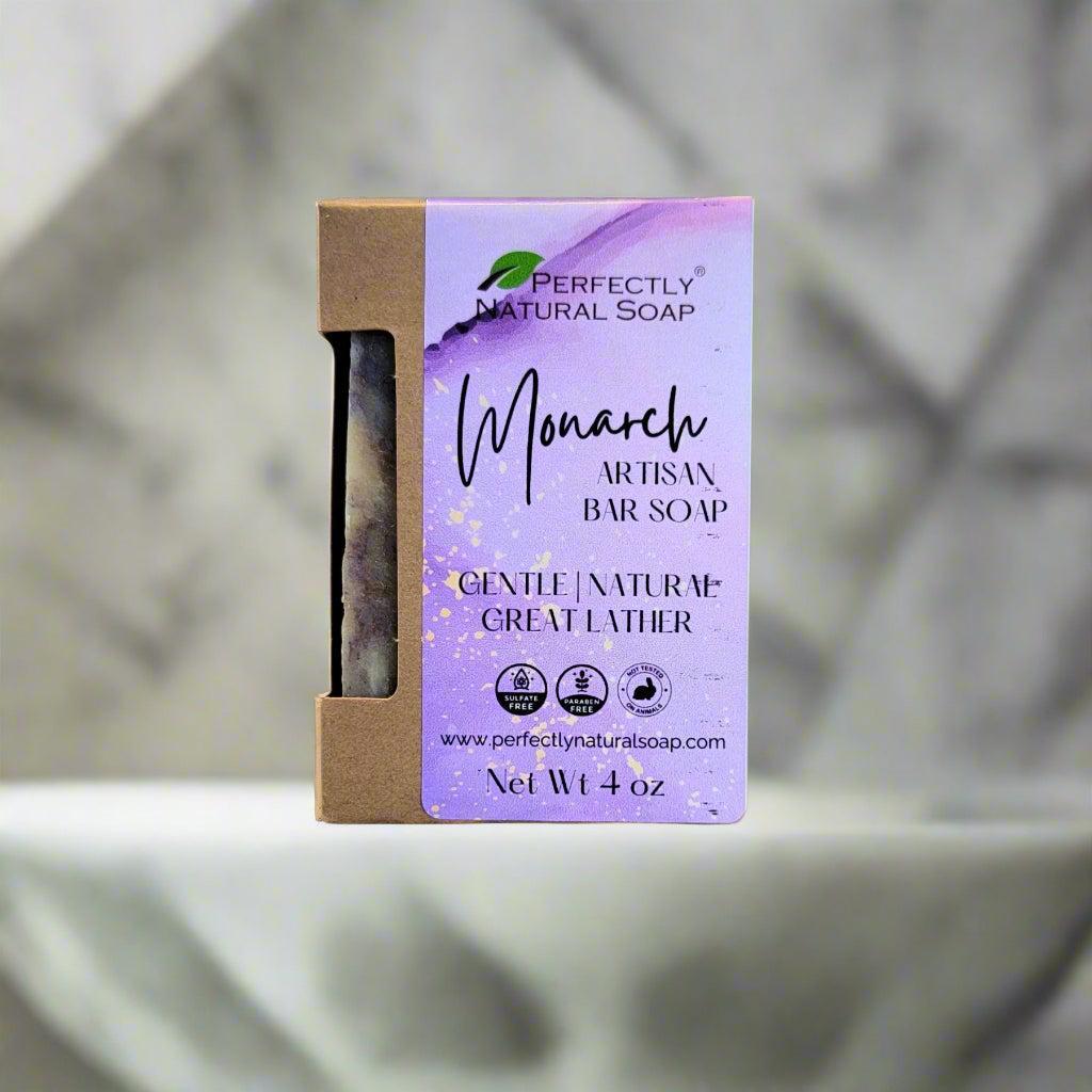 Monarch natural soap bar close-up, handmade artisan bar soap with sophisticated complex fragrance