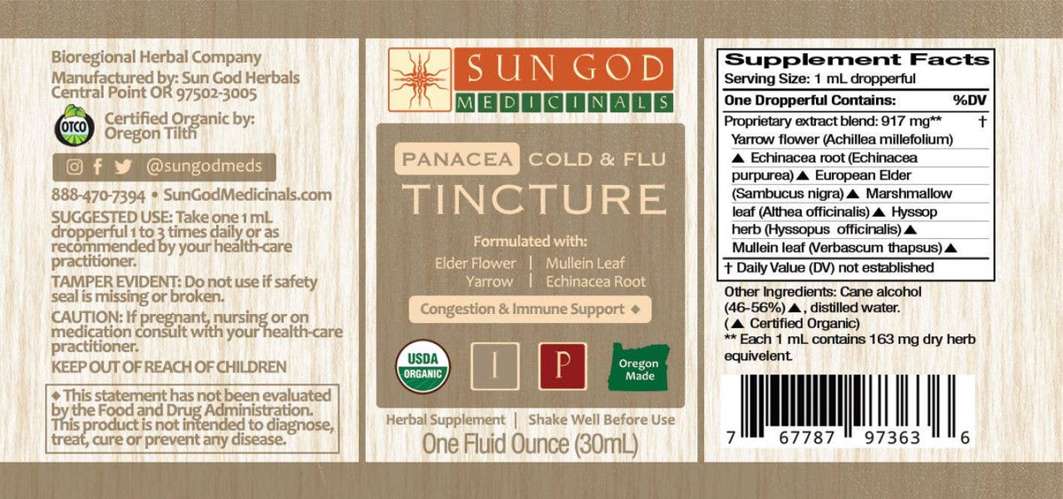 Organic Panacea herbal immune support tincture 1 oz dropper bottle, organic botanical extract for daily wellness support