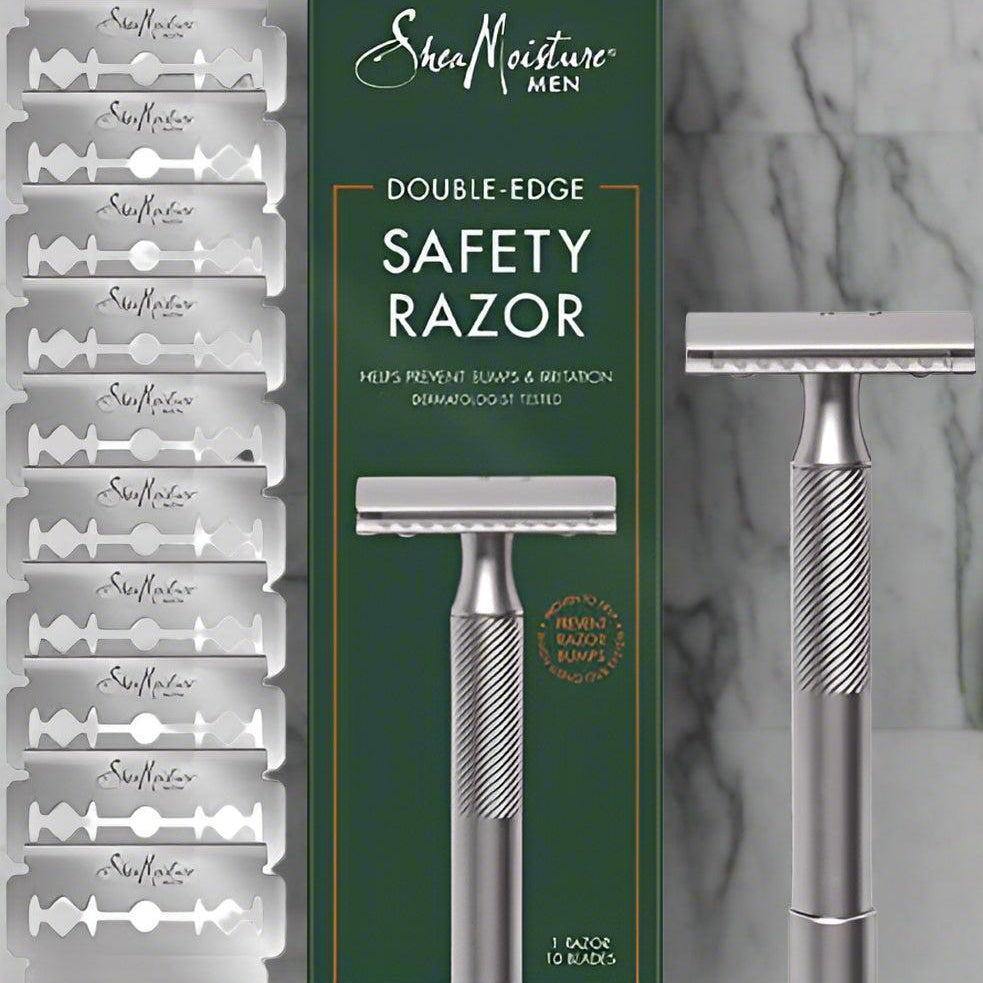 SheaMoisture safety razor set with double-edge razor and blades on a white background