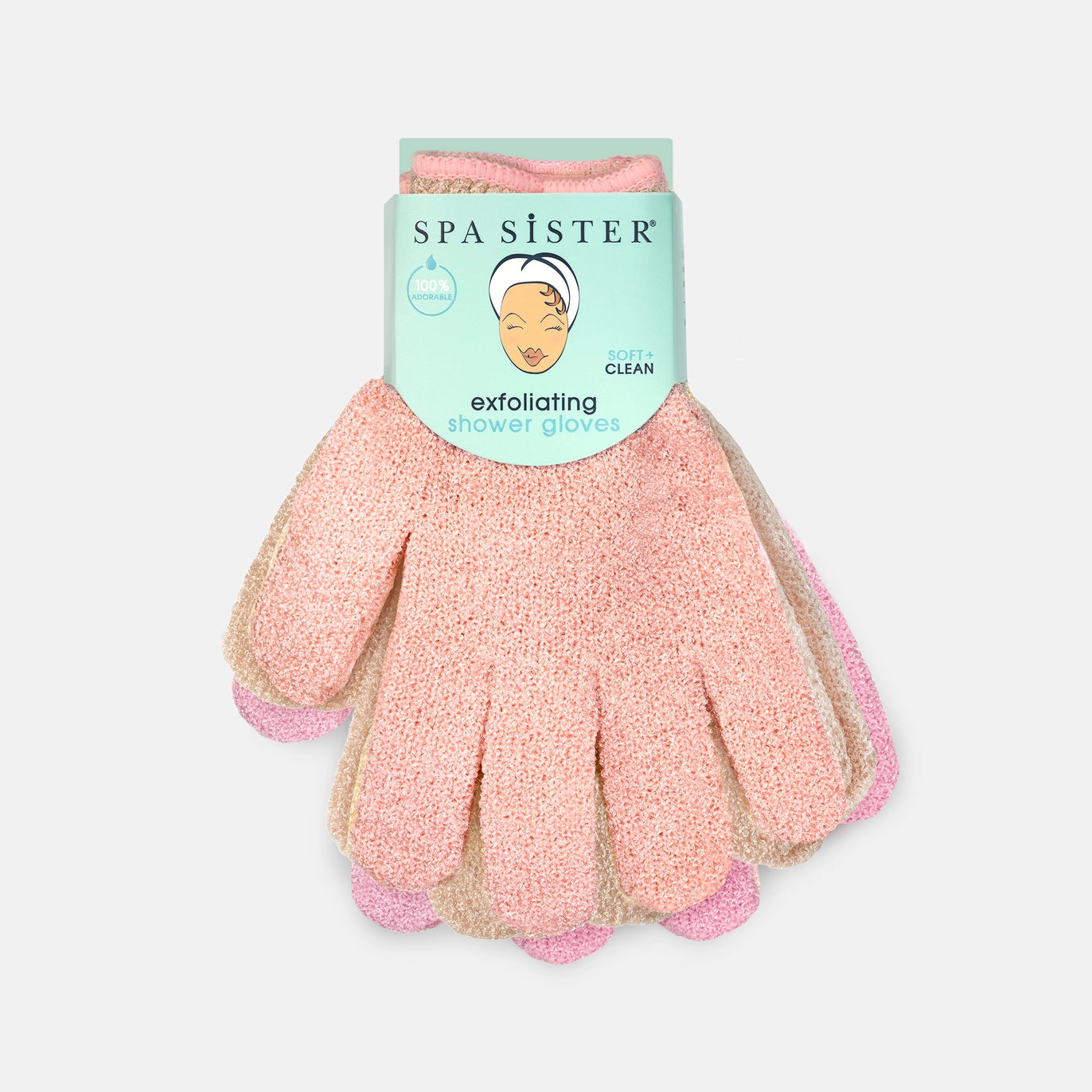 A pack of three Spa Sister exfoliating shower gloves in pink, peach, and beige, attached to a mint green cardboard header card, shown against a light gray background.