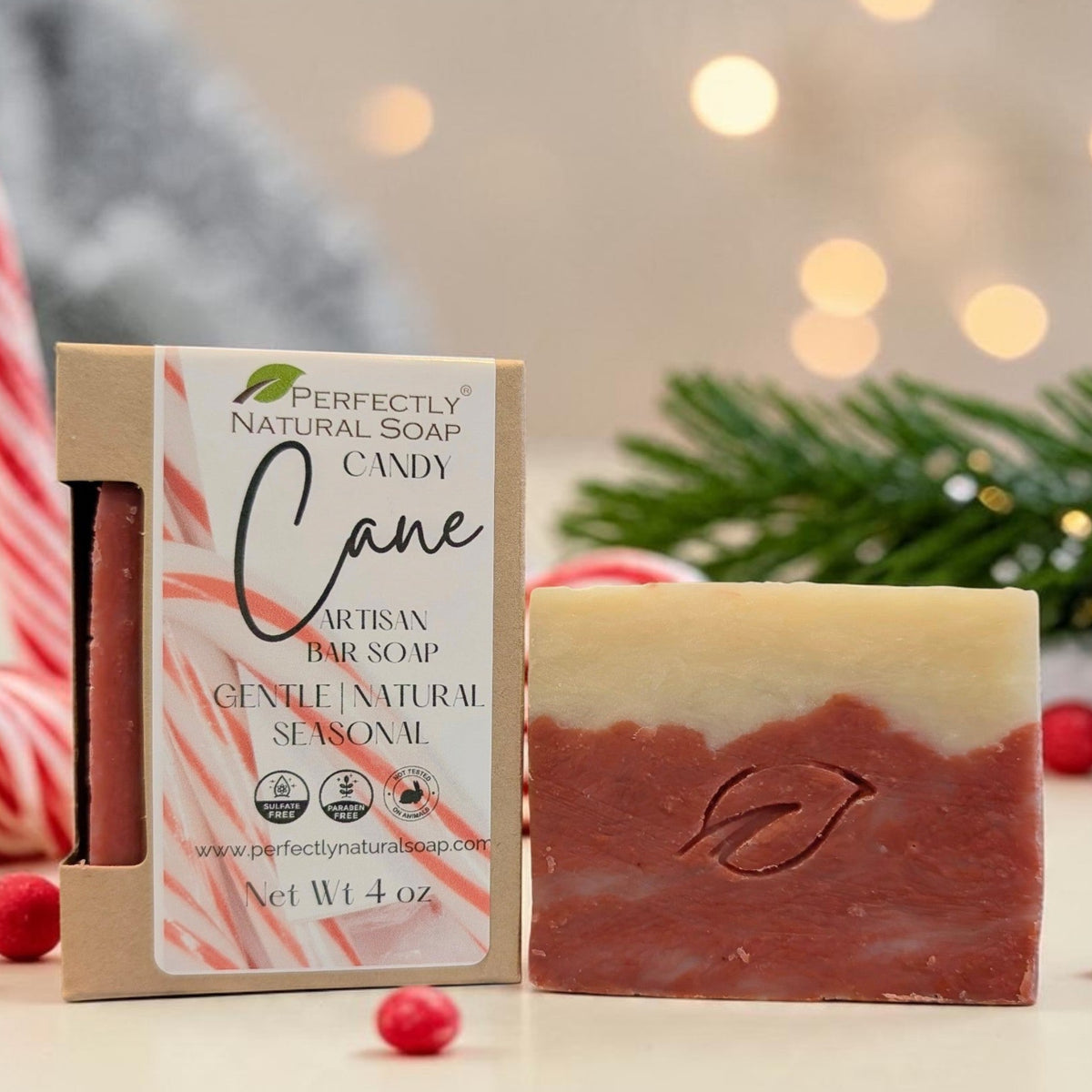 Candy Cane Handmade Natural Soap Bar, 4 oz | Seasonal