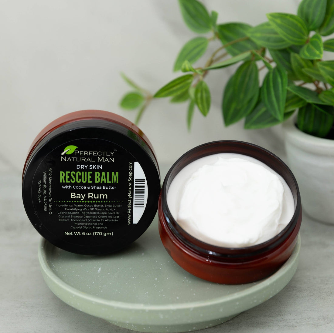 Dry Skin Rescue Balm with cocoa and shea butters, 6 oz jar in Bay Rum scent