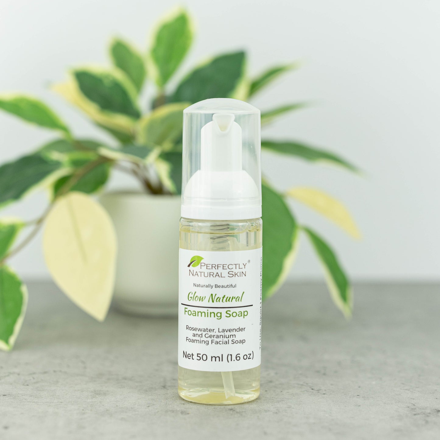 A bottle of Perfectly Natural Skin Glow Natural Foaming Soap, 50 ml, standing on a gray surface with a blurred green potted plant in the background.