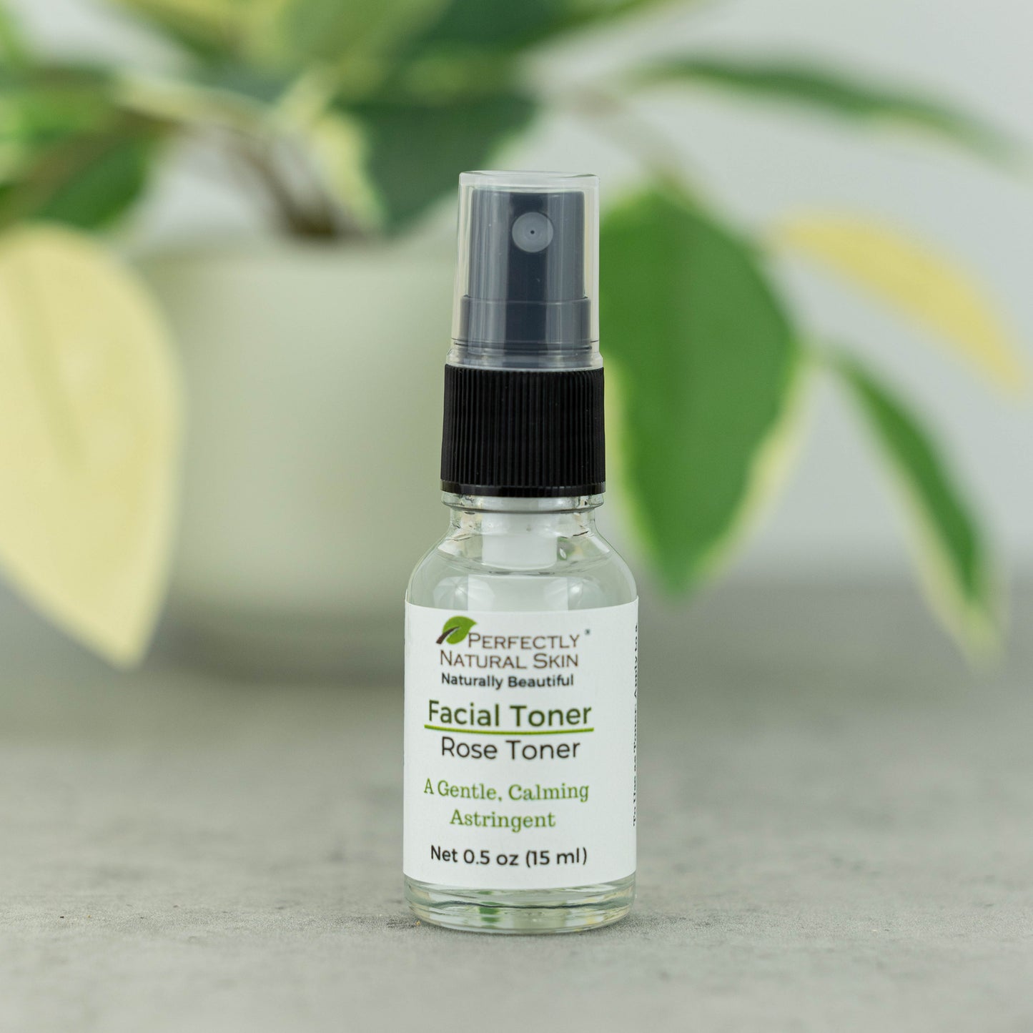 A small glass bottle of Perfectly Natural Skin Rose Toner with a black spray cap and white label, set against a blurred background of green leaves.