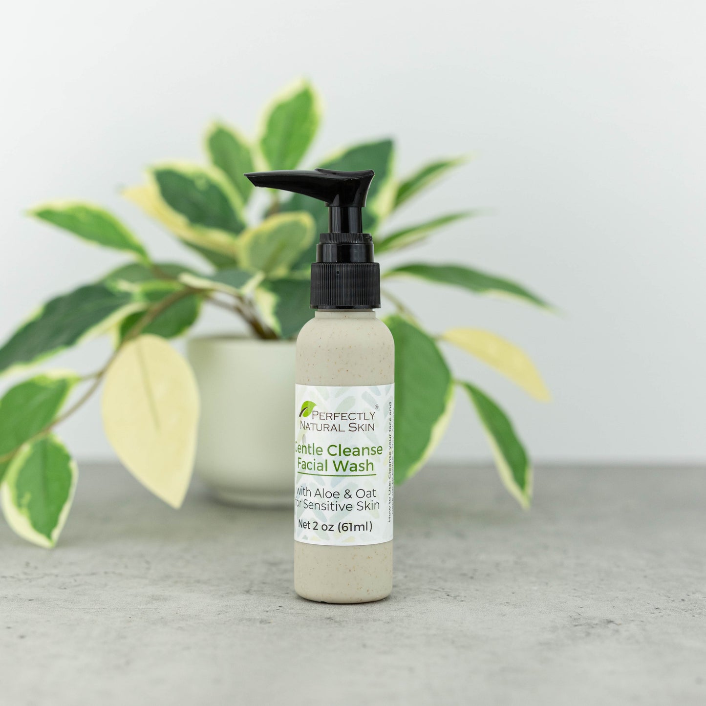 A bottle of Perfectly Natural Skin Gentle Cleanse Facial Wash with a black pump dispenser, set on a gray surface with a blurred green plant in the background.
