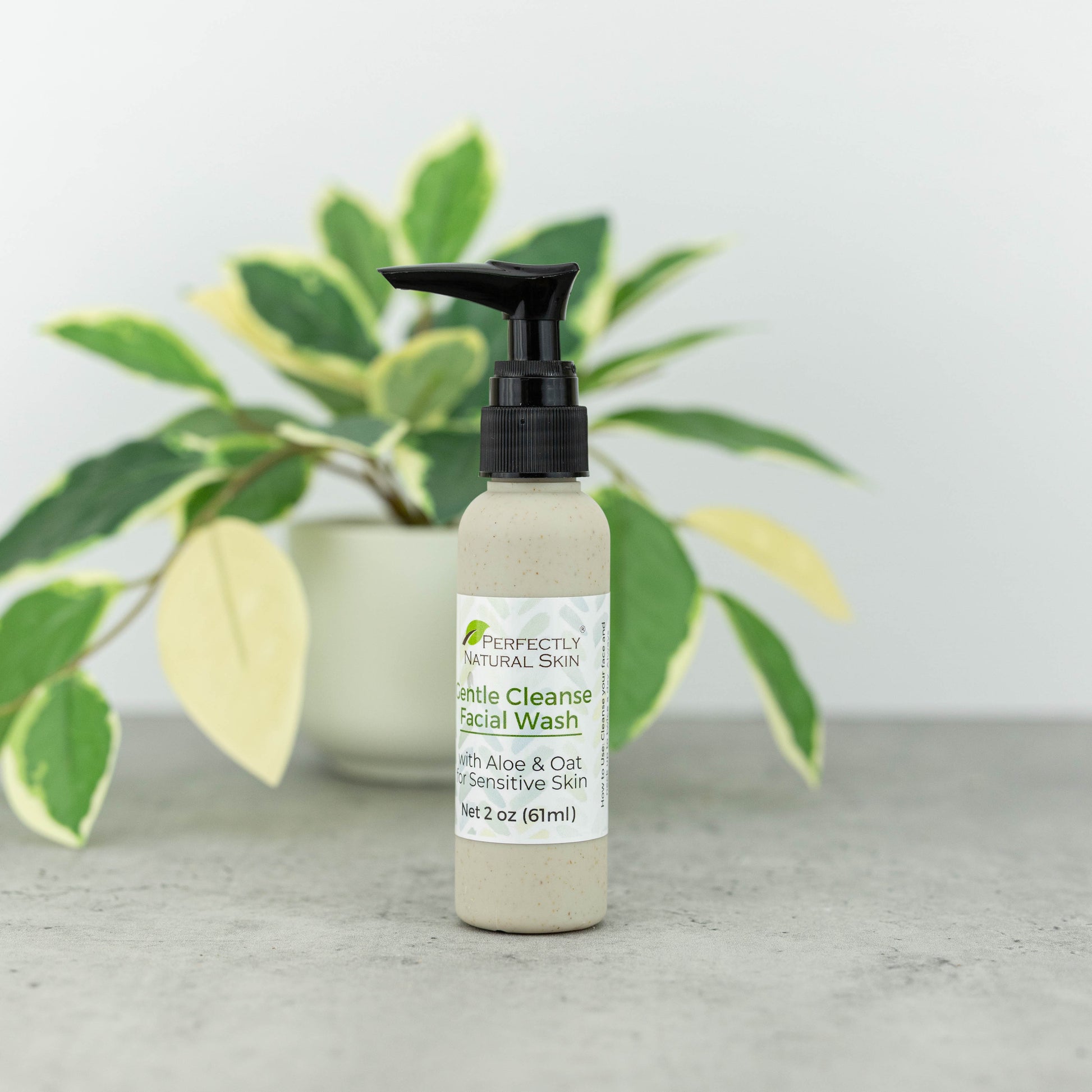 A bottle of Perfectly Natural Skin Gentle Cleanse Facial Wash with a black pump dispenser, set on a gray surface with a blurred green plant in the background.