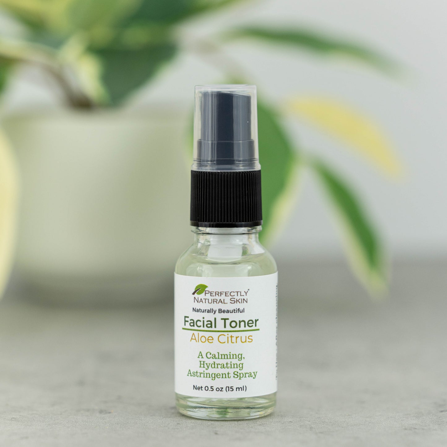 A 0.5 oz glass bottle of Perfectly Natural Skin Facial Toner in Aloe Citrus, featuring a white label and black spray nozzle, set against a blurred background of green leaves.