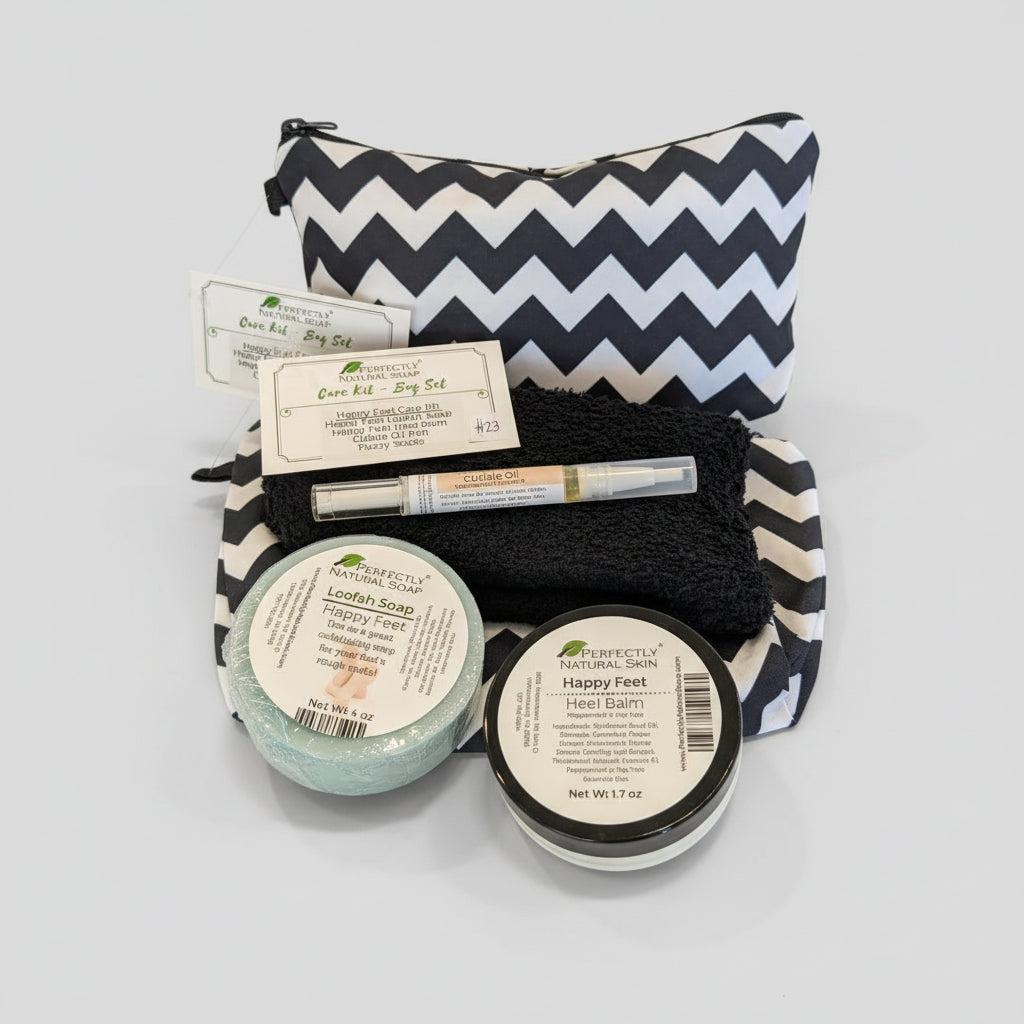 Assorted beauty products including a black and white striped pouch, balm jars, and a tube on a red tray.