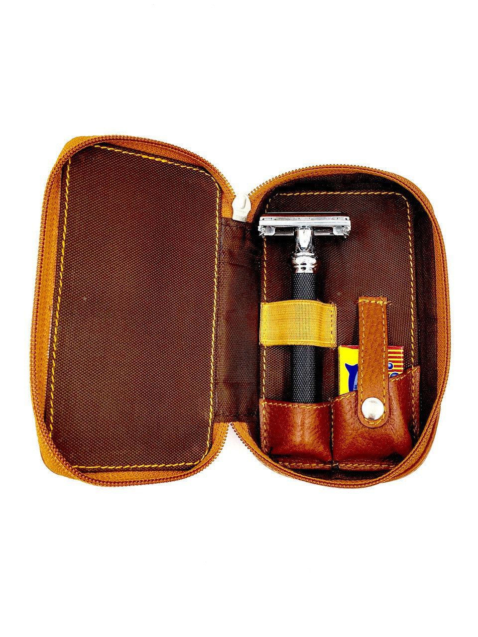Genuine Leather Double Edge Safety Razor Zippered Travel Case - Saddle Brown-Men-Perfectly Natural Soap