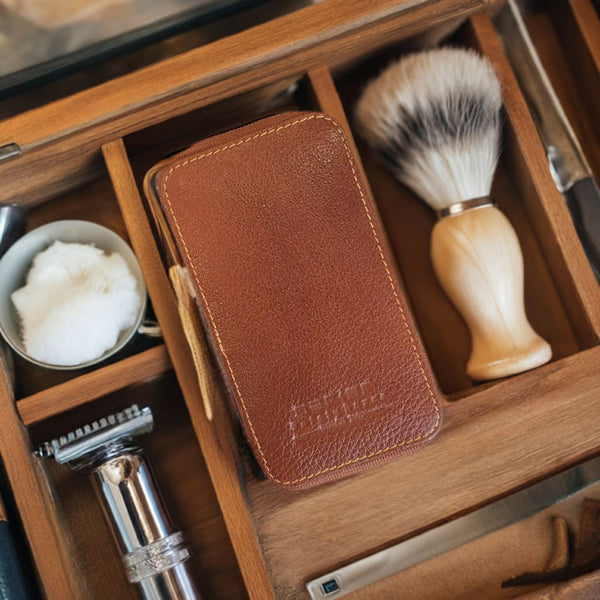 Genuine Leather Double Edge Safety Razor Zippered Travel Case Saddle