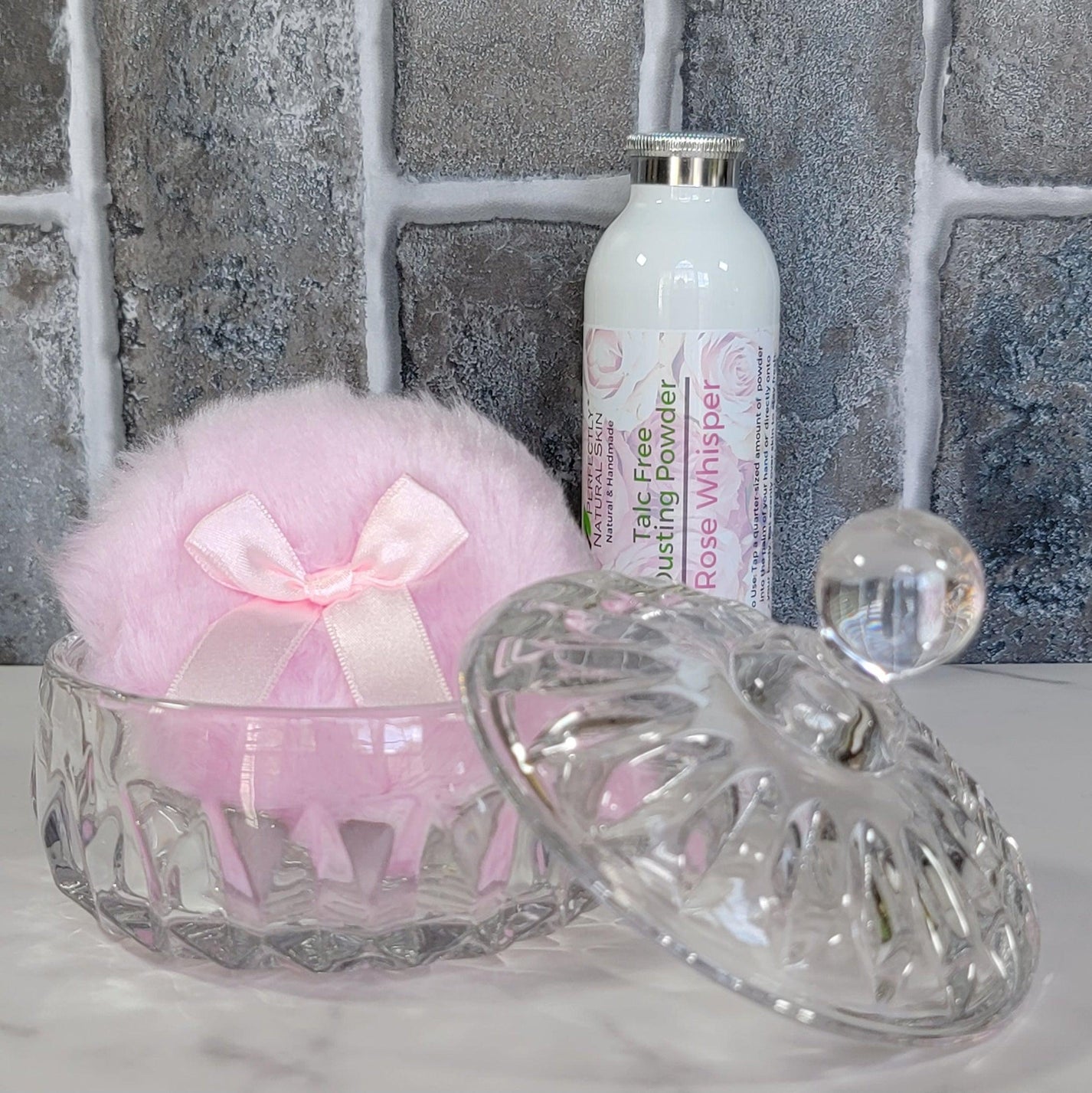 Glass Dusting Powder Jar with Lid and Powder Puff Perfectly Natural Soap