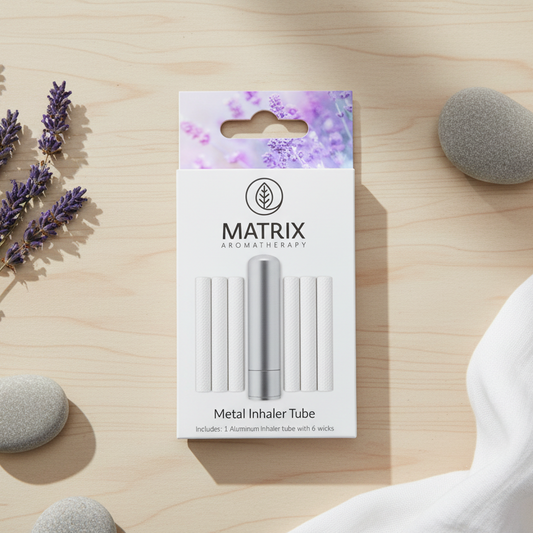 Matrix Aromatherapy metal inhaler tube packaging with lavender design on a white background