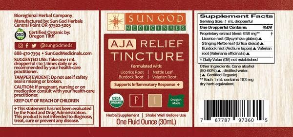 Organic Aja relief tincture 1 oz dropper bottle, herbal tincture for muscle aches and physical discomfort