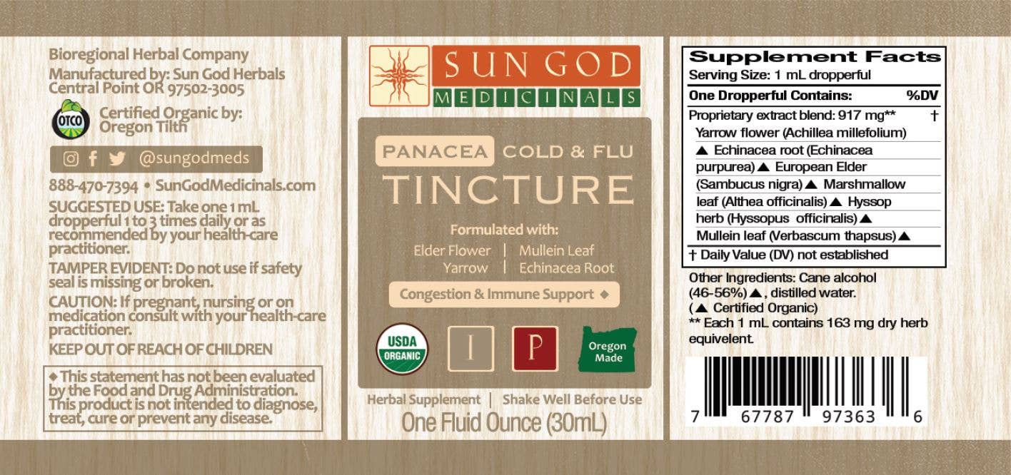 Organic Panacea cold and flu tincture 1 oz dropper bottle, herbal liquid extract for immune defense