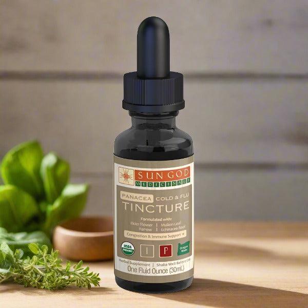 Organic Panacea cold and flu tincture 1 oz on sale, fast-acting herbal extract for cold and flu symptom relief