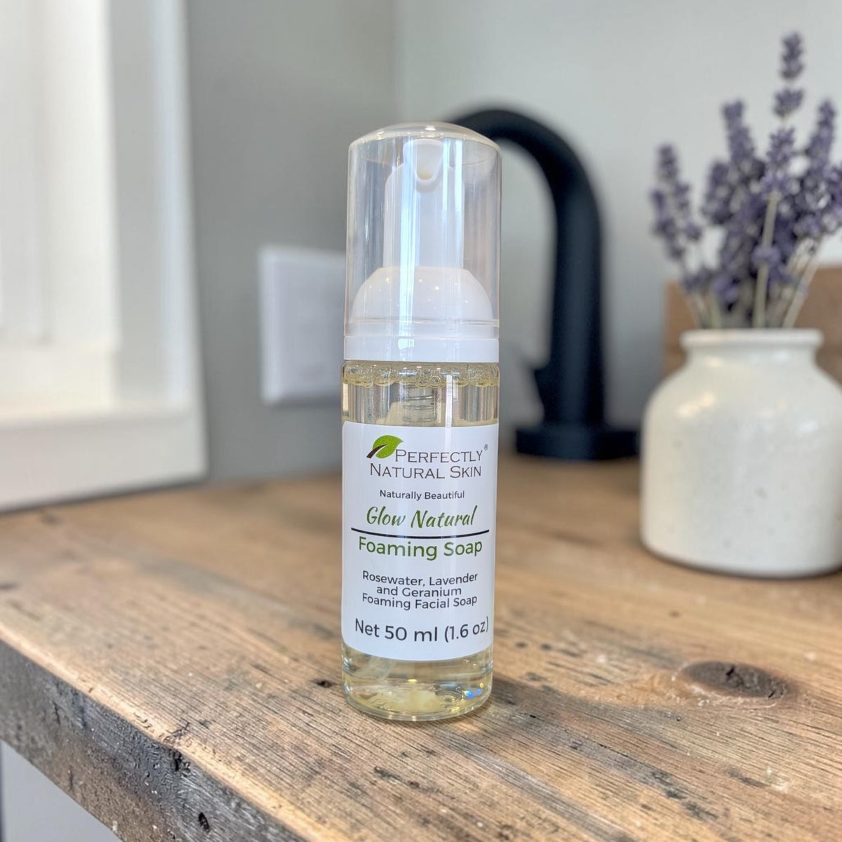 Glow Natural Rosewater Foaming Facial Cleanser 8.5 oz pump bottle, Photoroom product photo