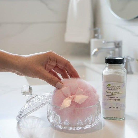 Glass Dusting Powder Jar with Lid and Powder Puff-Body Powder & Spray-Perfectly Natural Soap