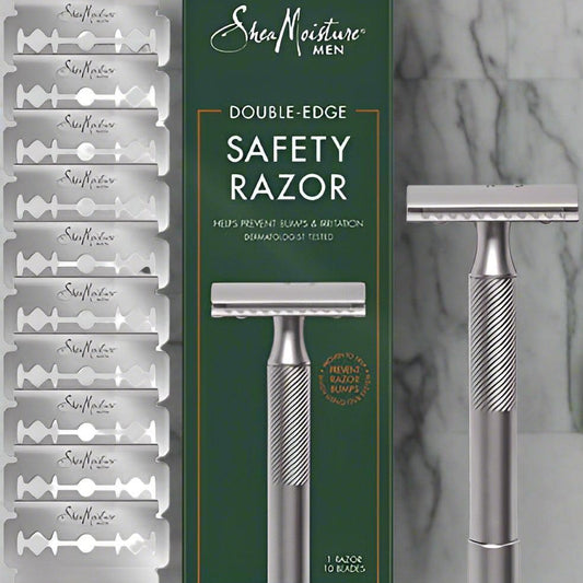 SheaMoisture safety razor set with double-edge razor and blades on a white background