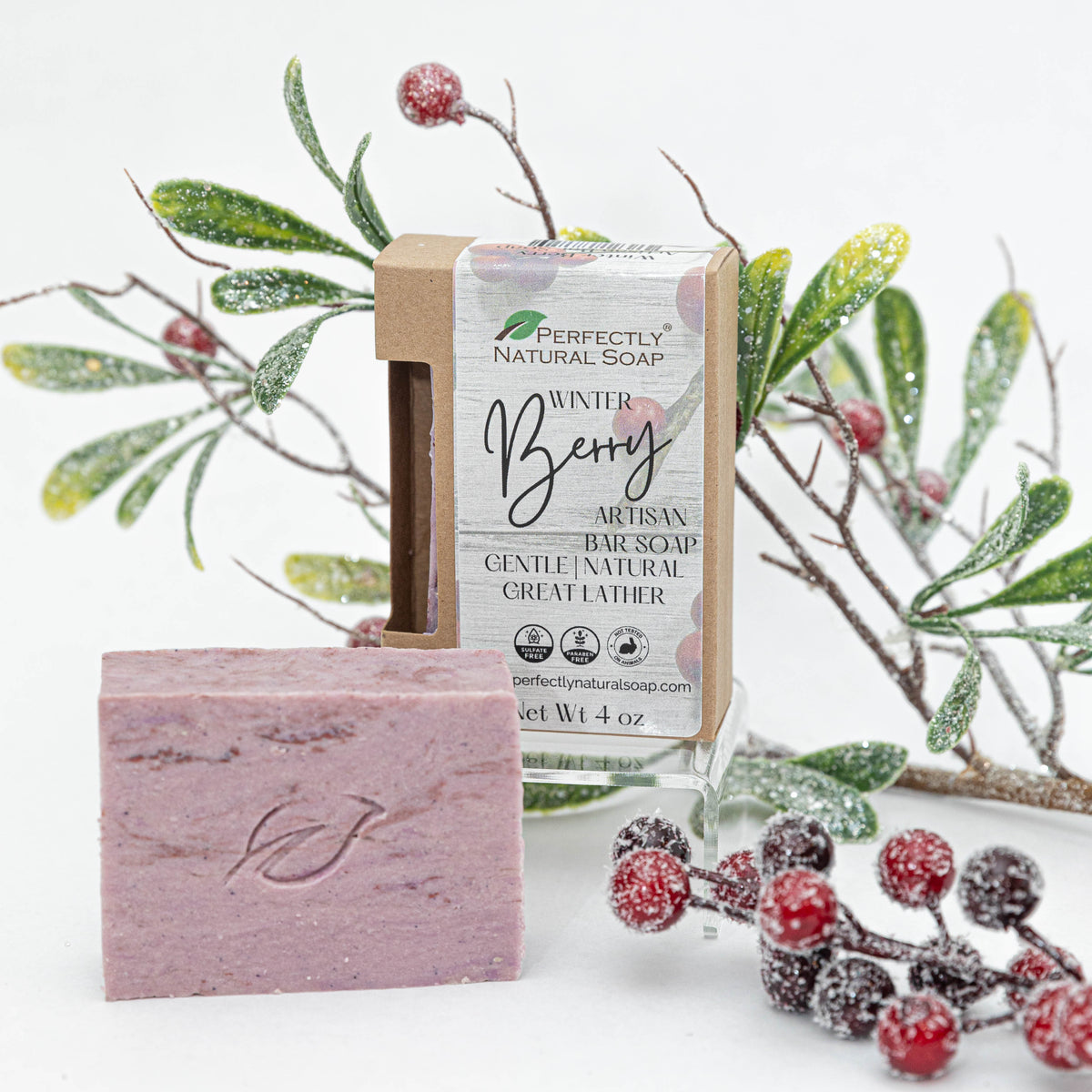 Winter Berry natural bar soap 4 oz on sale, festive bright berry scented seasonal handmade soap