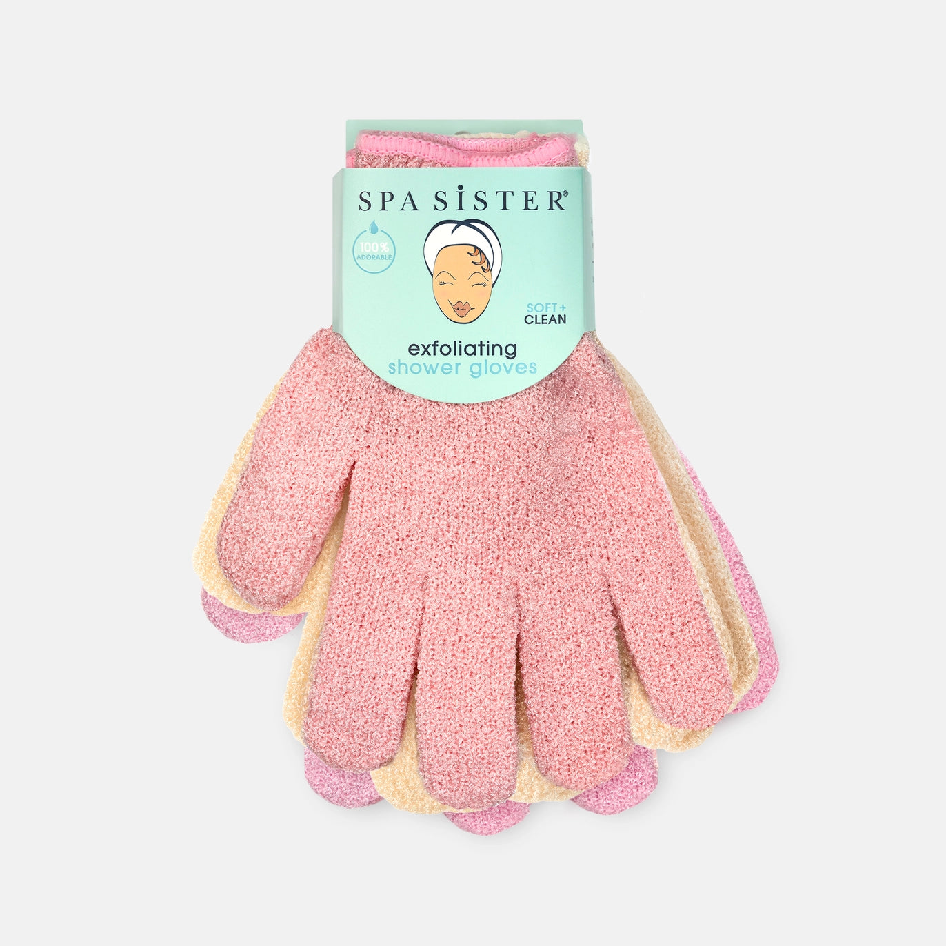 A pack of three Spa Sister exfoliating shower gloves in pink, peach, and cream, packaged with a mint green cardboard header card on a light gray background.