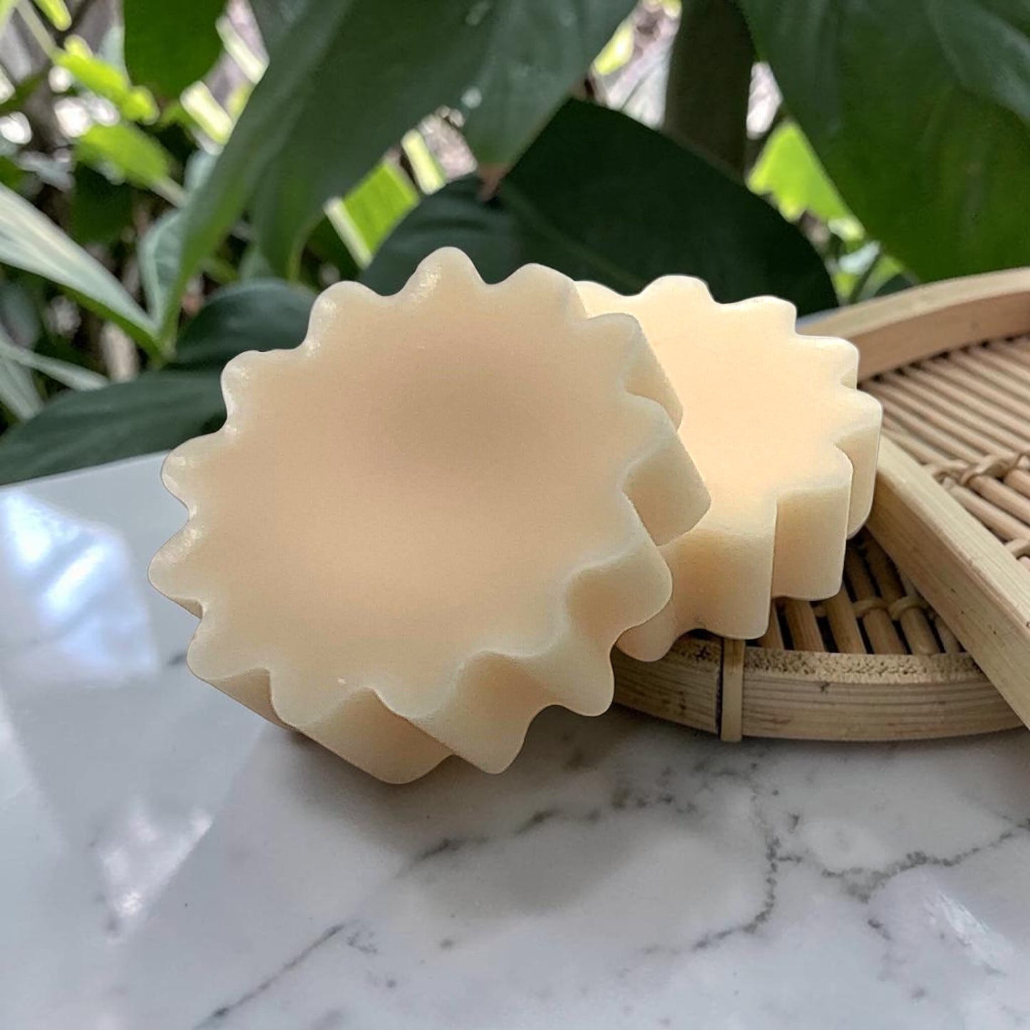 Two beige wax tarts on a marble surface with green leaves in the background