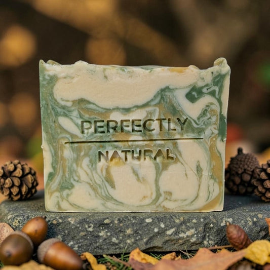 Holiday Cider natural handmade seasonal soap bar, phone product photo showing artisan bar with packaging